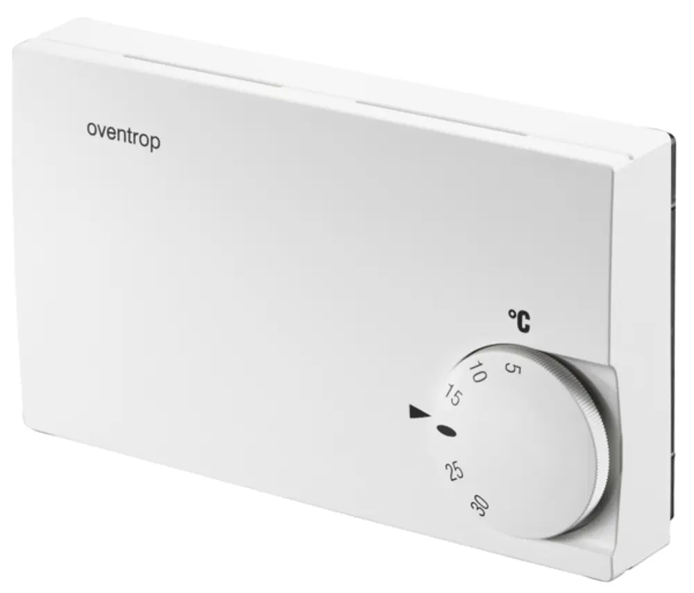 Weißer Raumthermostat mit Drehregler zur Temperaturregelung, montiert auf einer glatten Oberfläche, mit der Marke Oventrop gut sichtbar im oberen Bereich.